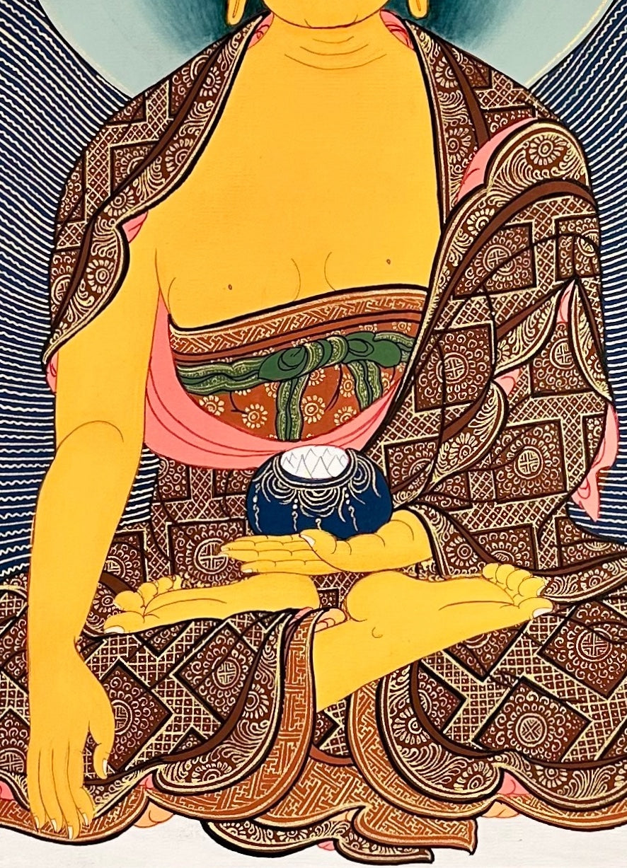 Shakyamuni Buddha thangka, 54×76 cm: Shakyamuni among peonies on deep blue, with Amitabha and Medicine Buddha above and two disciples below