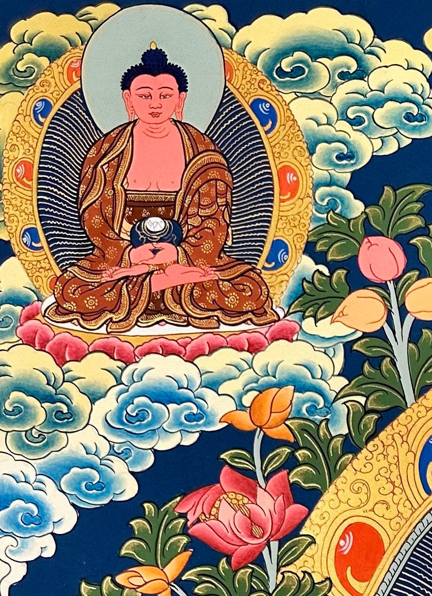 Shakyamuni Buddha thangka, detail: top-left corner