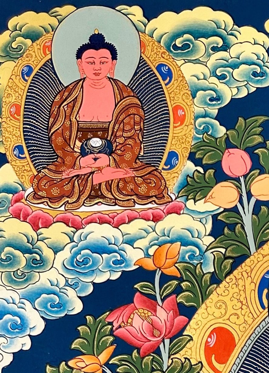 Shakyamuni Buddha thangka, detail: top-left corner
