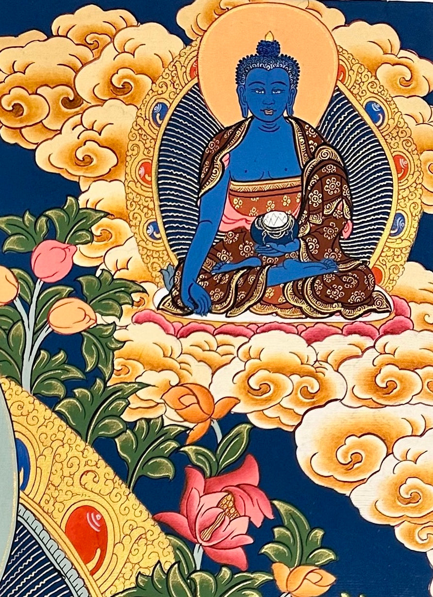 Shakyamuni Buddha thangka, detail: top-right corner