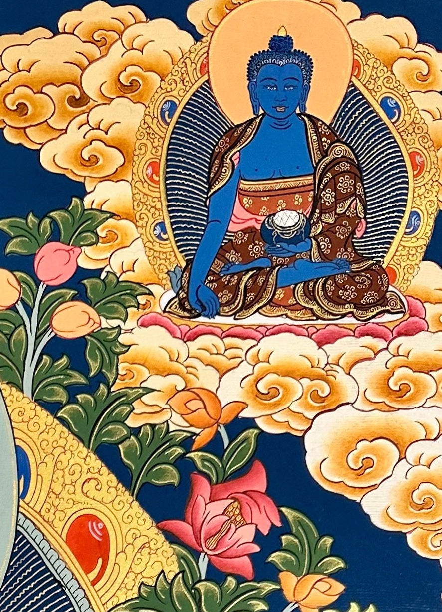 Shakyamuni Buddha thangka, detail: top-right corner