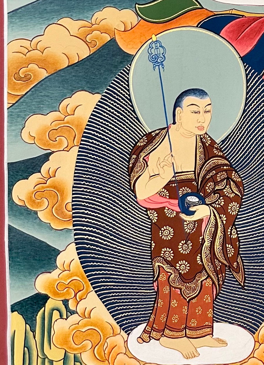 Shakyamuni Buddha thangka, detail: bottom-left corner