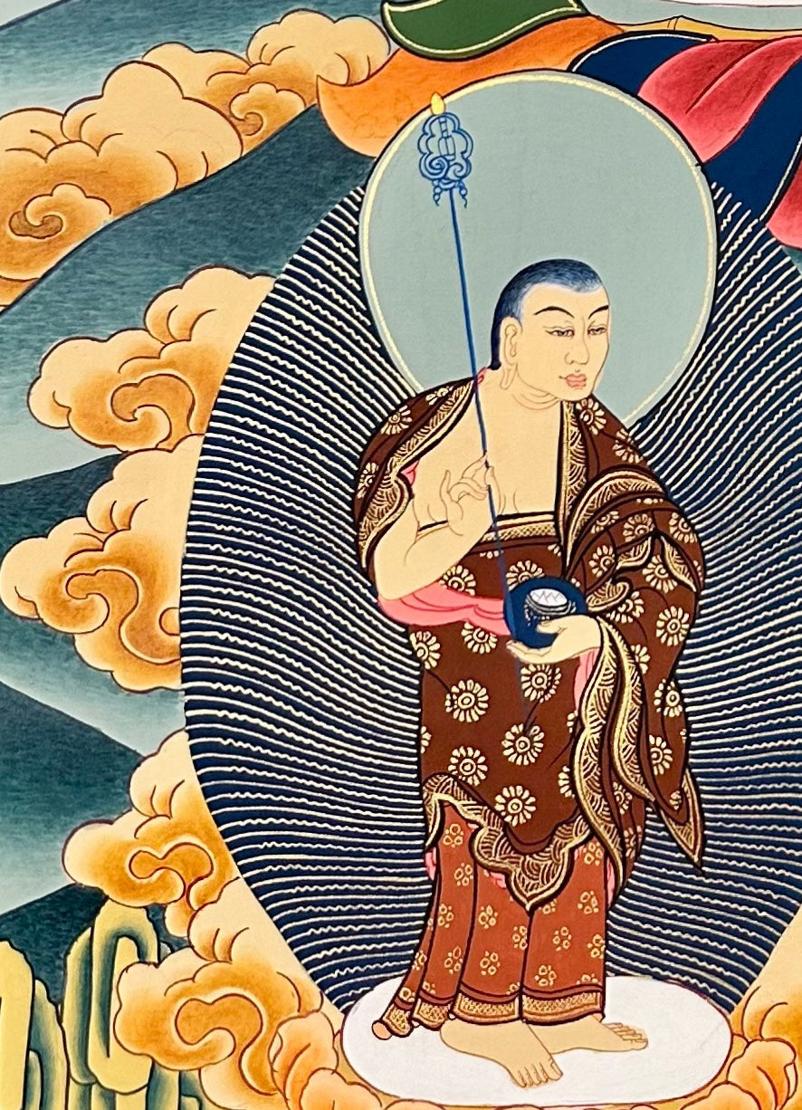 Shakyamuni Buddha thangka, detail: bottom-left corner