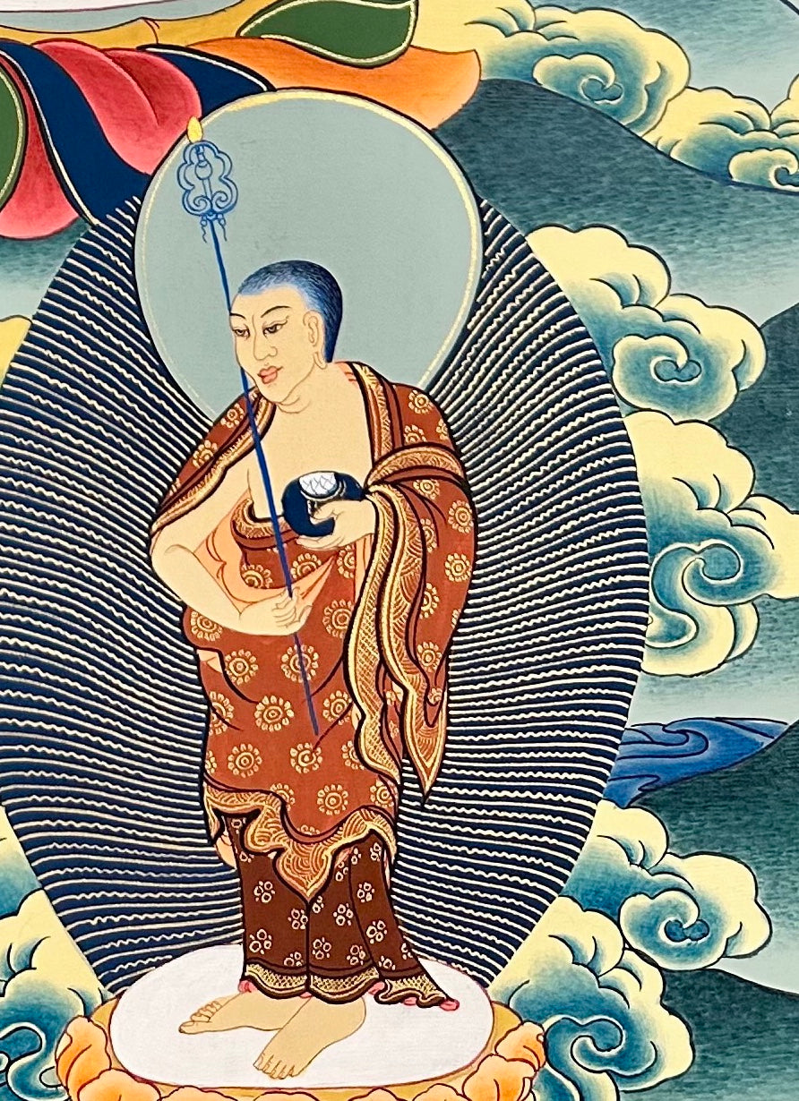 Shakyamuni Buddha thangka, detail: bottom-right corner