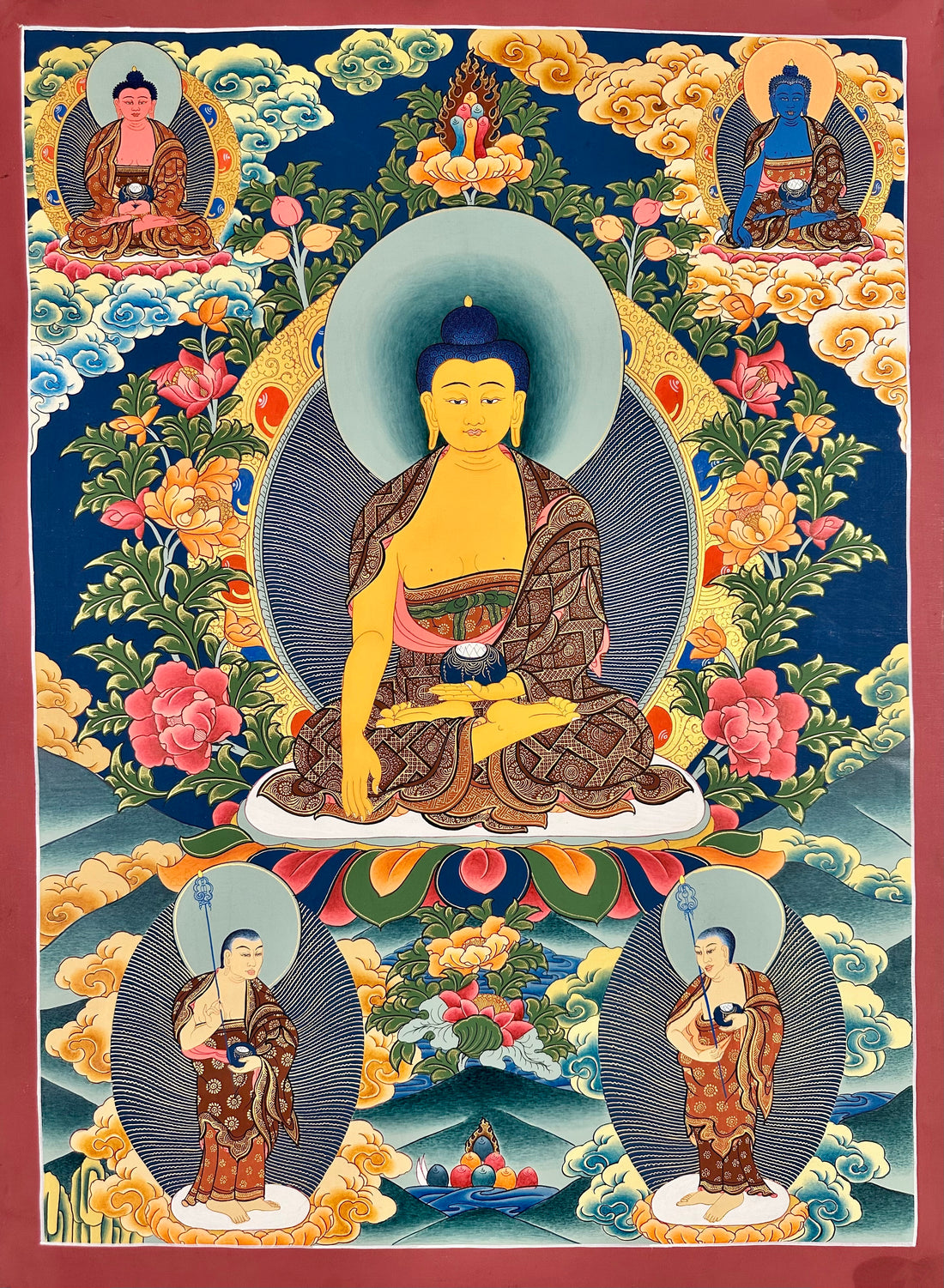 Shakyamuni Buddha thangka, 54×76 cm: Shakyamuni among peonies on deep blue, with Amitabha and Medicine Buddha above and two disciples below