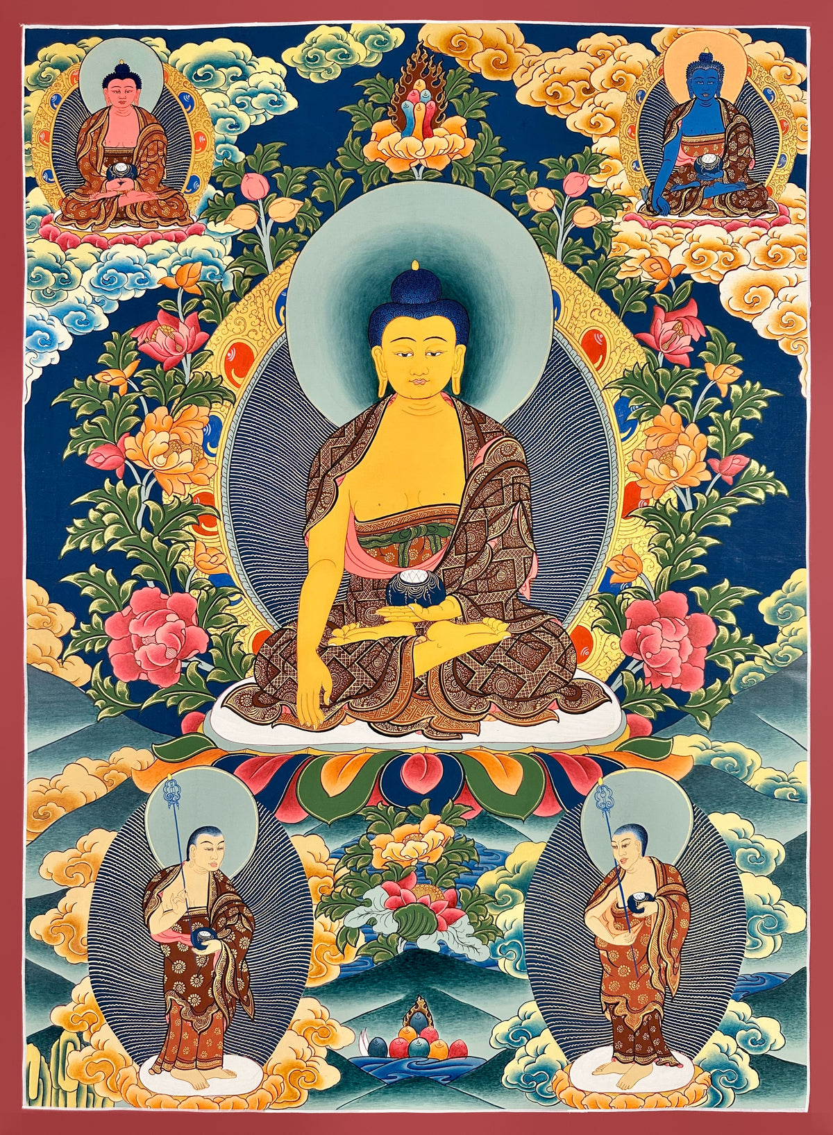 Shakyamuni Buddha thangka, 54×76 cm: Shakyamuni among peonies on deep blue, with Amitabha and Medicine Buddha above and two disciples below