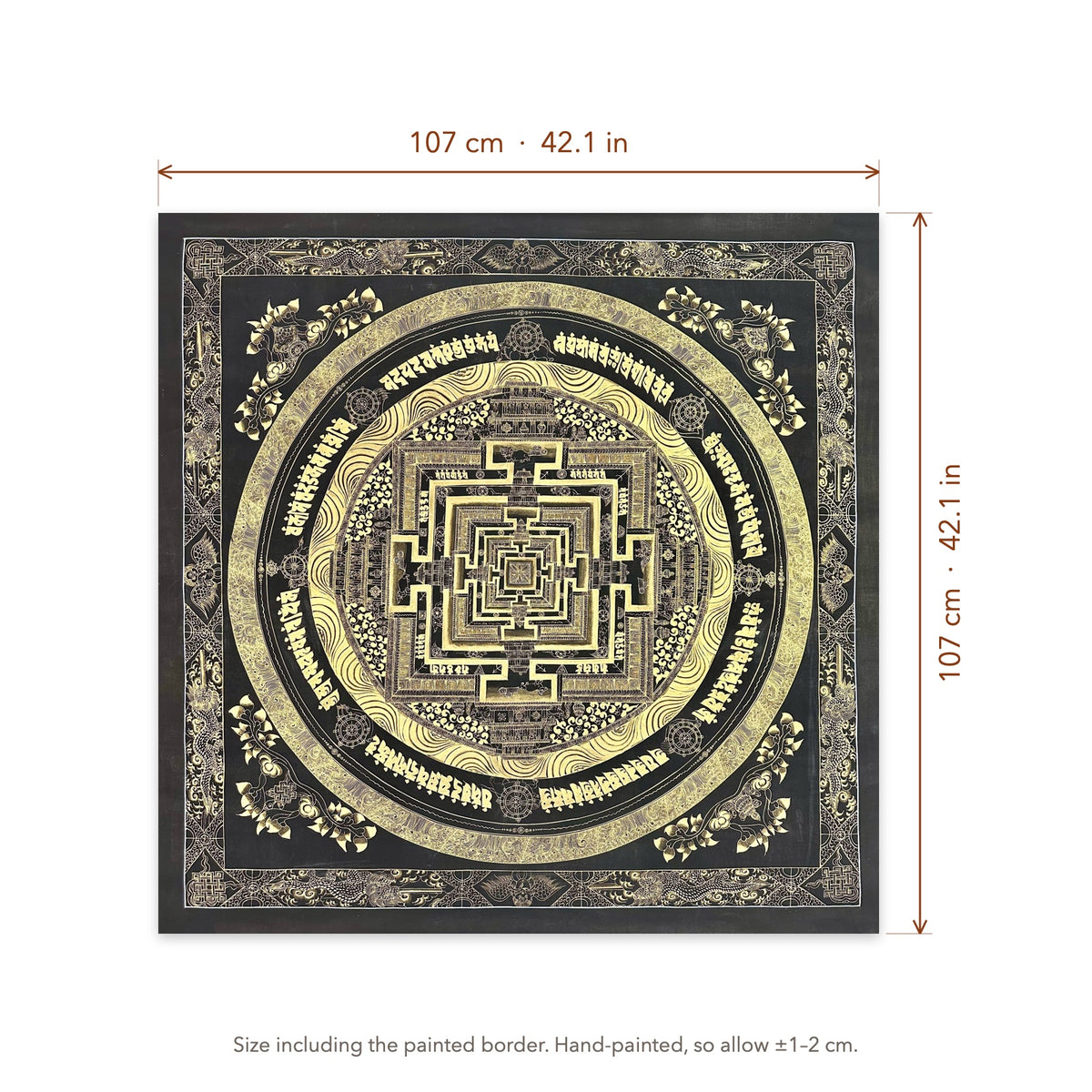Size diagram: 107 × 107 cm (42.1 × 42.1 in), including the painted border