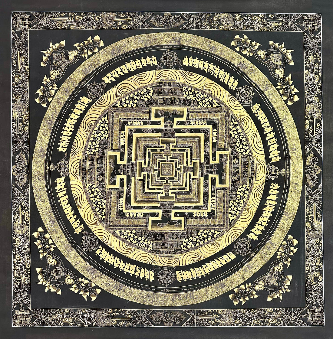 Kalachakra Mandala thangka, 107×107 cm: Kalachakra palace mandala in fine gold-coloured line work on black, with a border of dragons