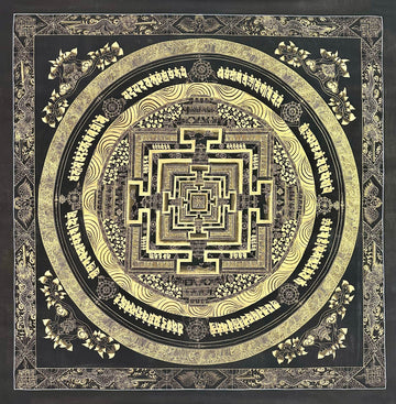 Kalachakra Mandala thangka, 107×107 cm: Kalachakra palace mandala in fine gold-coloured line work on black, with a border of dragons
