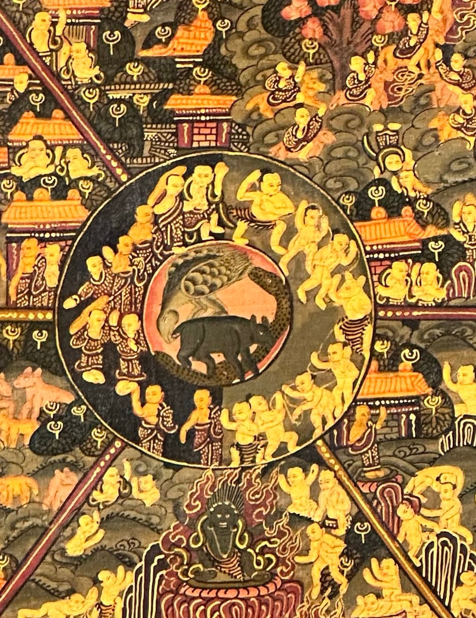 Wheel of Life thangka, 47×61 cm: dark Yama holding the Wheel of Life in a muted, darkened palette