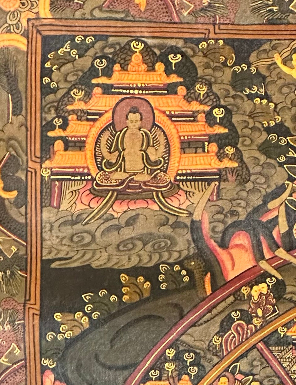 Wheel of Life thangka, detail: top-left corner