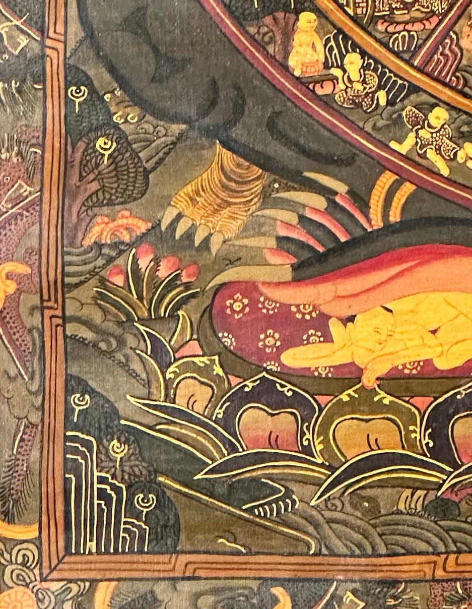 Wheel of Life thangka, detail: bottom-left corner