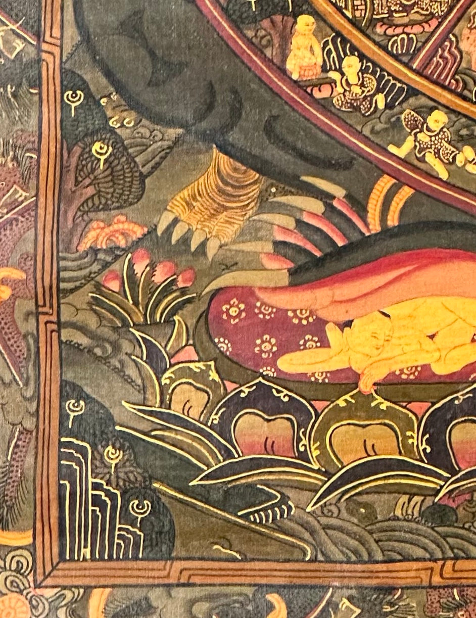 Wheel of Life thangka, detail: bottom-left corner