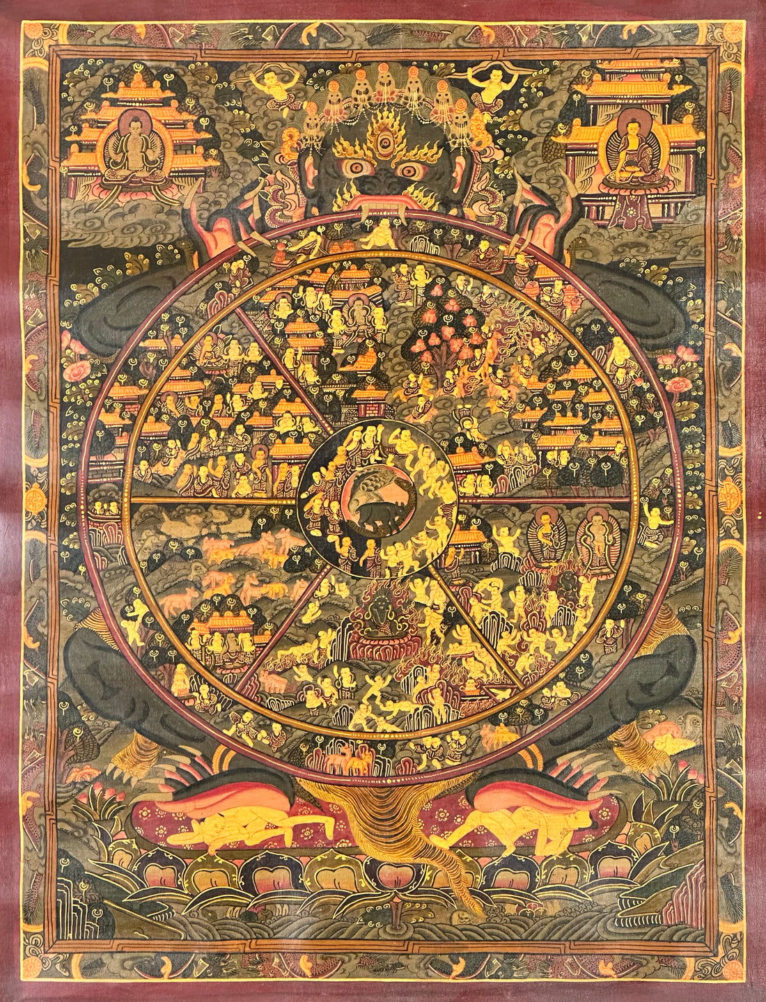 Wheel of Life thangka, 47×61 cm: dark Yama holding the Wheel of Life in a muted, darkened palette