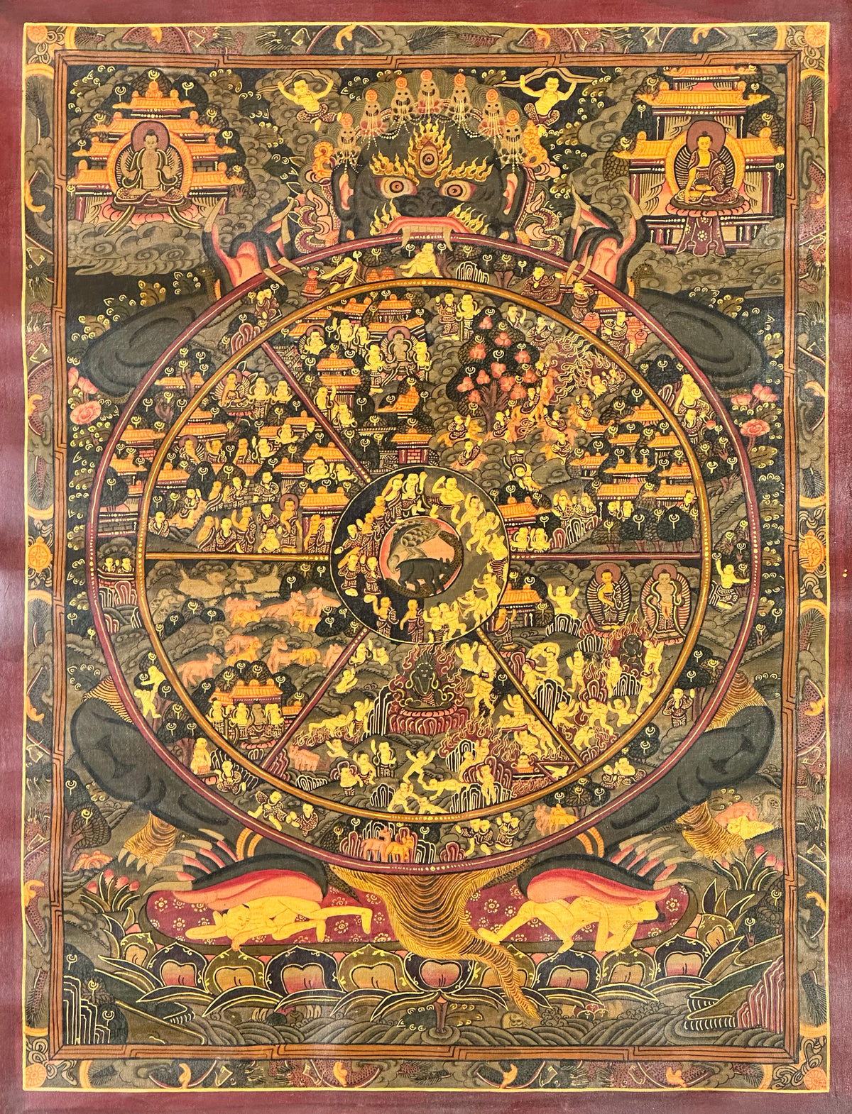Wheel of Life thangka, 47×61 cm: dark Yama holding the Wheel of Life in a muted, darkened palette
