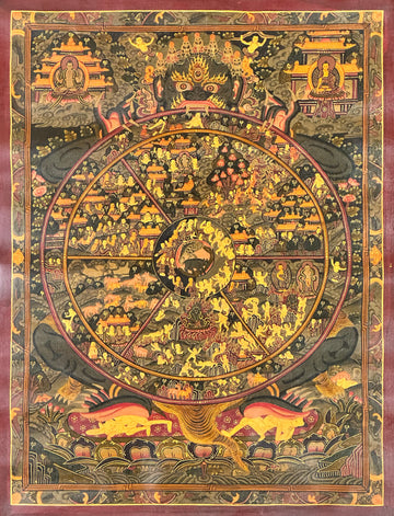 Wheel of Life thangka, 47×61 cm: dark Yama holding the Wheel of Life in a muted, darkened palette