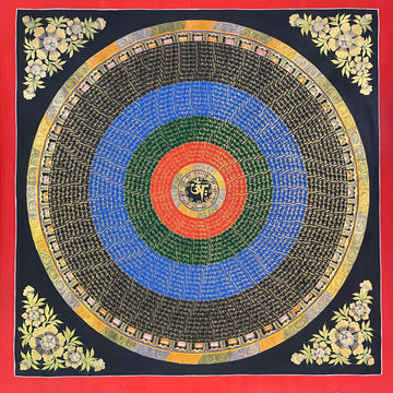 Mantra Mandala thangka, 110×110 cm: bands of gold-coloured mantra script on red, green, blue and black rings around a central Om
