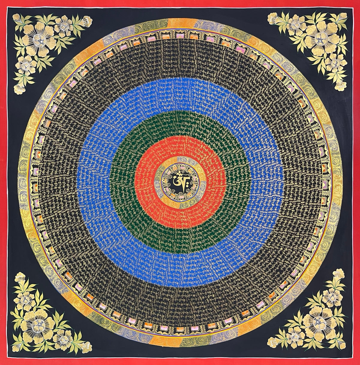 Mantra Mandala thangka, 110×110 cm: bands of gold-coloured mantra script on red, green, blue and black rings around a central Om