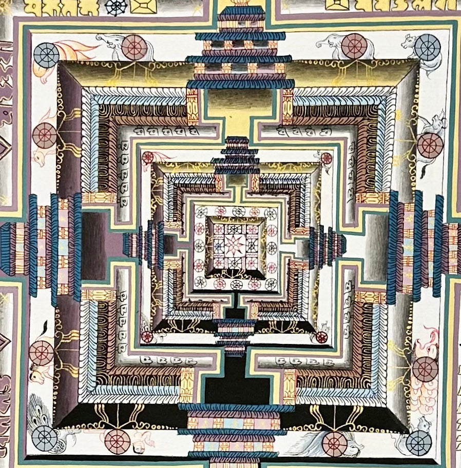 Kalachakra Mandala thangka, 55×55 cm: Kalachakra palace mandala in cool greys, mauves and teal with gold-coloured line work