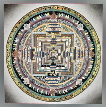 Kalachakra Mandala thangka, 55×55 cm: Kalachakra palace mandala in cool greys, mauves and teal with gold-coloured line work