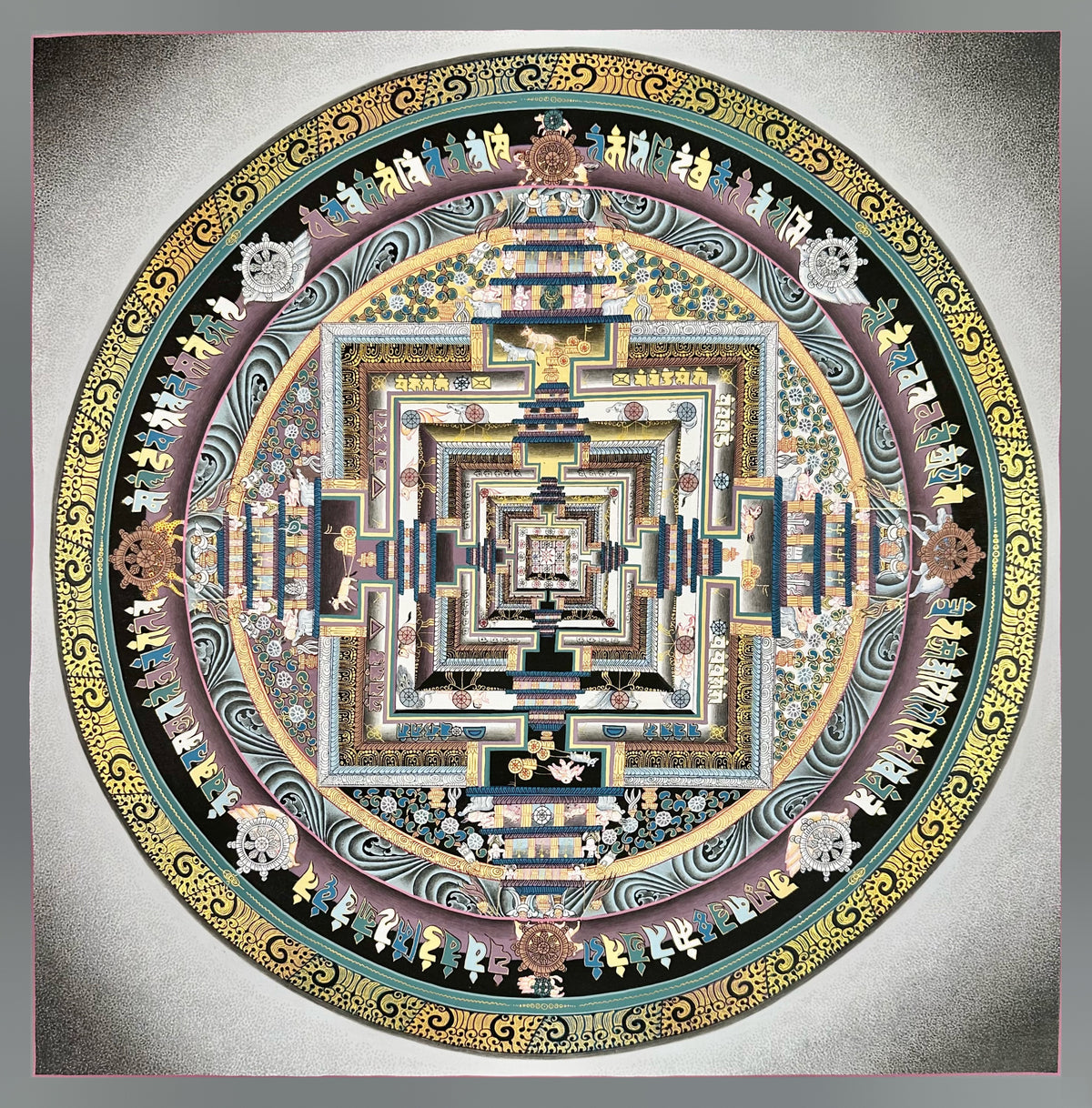 Kalachakra Mandala thangka, 55×55 cm: Kalachakra palace mandala in cool greys, mauves and teal with gold-coloured line work