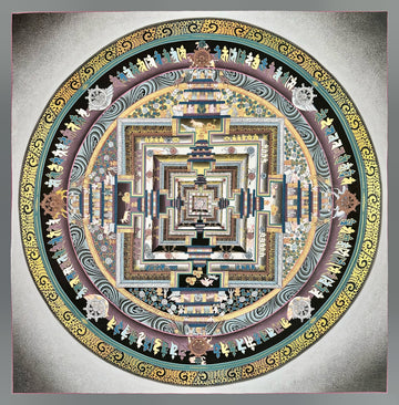 Kalachakra Mandala thangka, 55×55 cm: Kalachakra palace mandala in cool greys, mauves and teal with gold-coloured line work