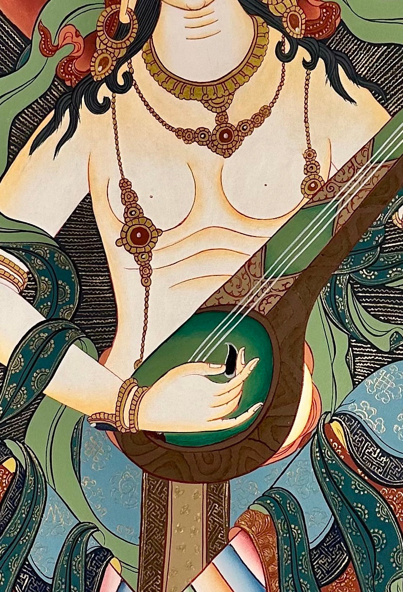 Saraswati thangka, 58×83 cm: Saraswati playing a vina on a lotus, with offering goddesses, musicians and a river landscape