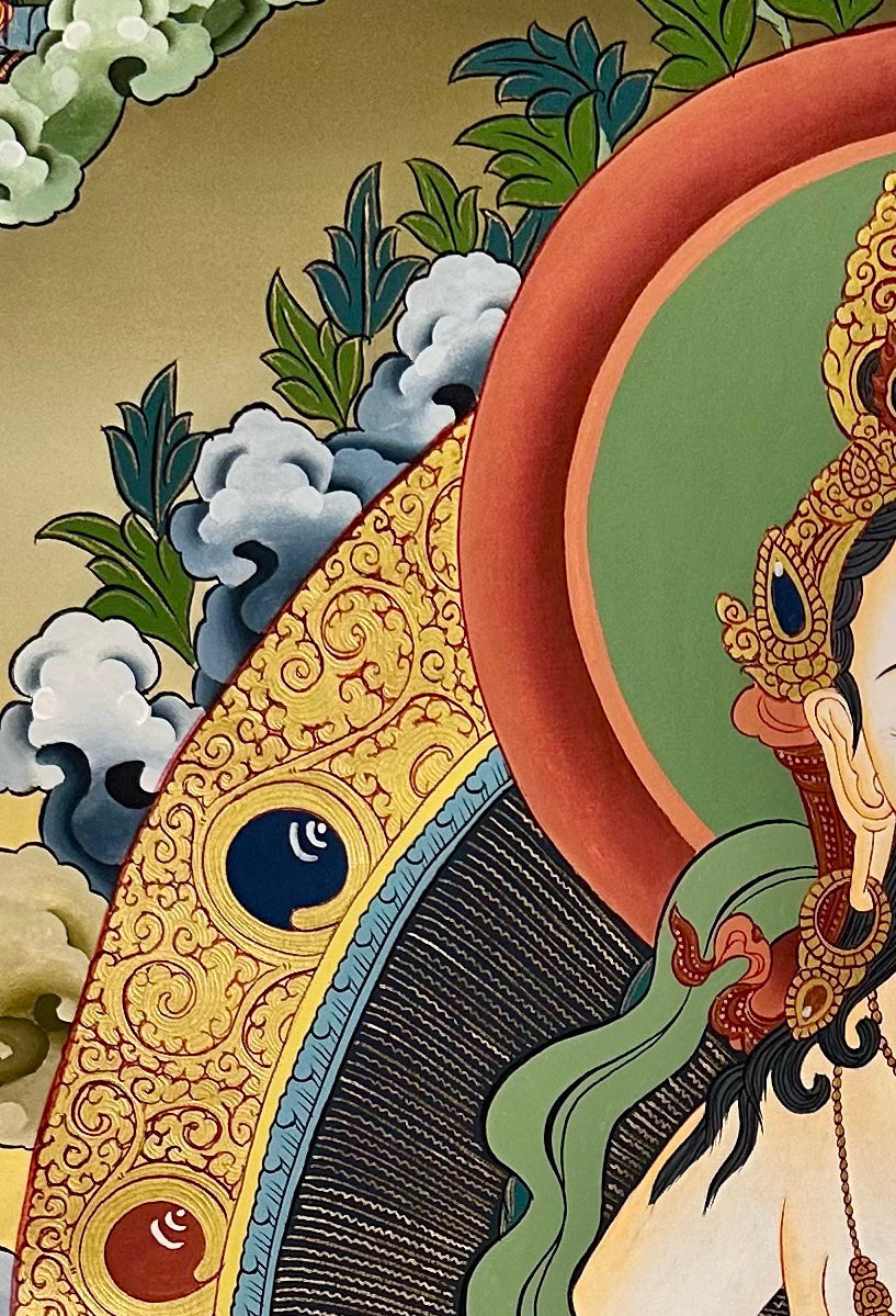 Saraswati thangka, detail: top-left corner