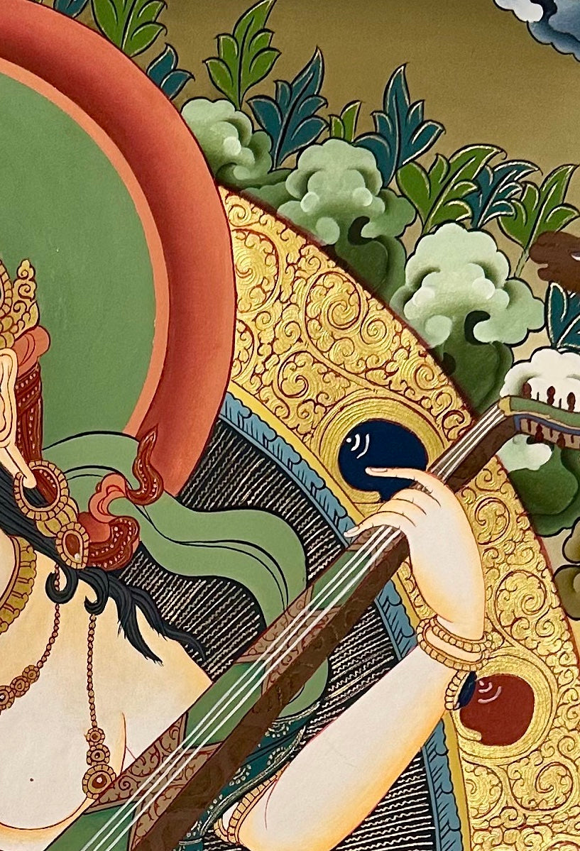 Saraswati thangka, detail: top-right corner