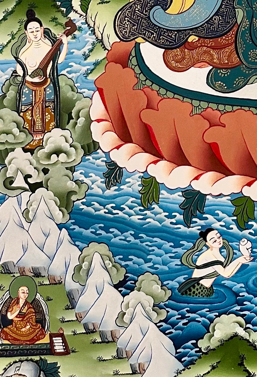 Saraswati thangka, detail: bottom-left corner