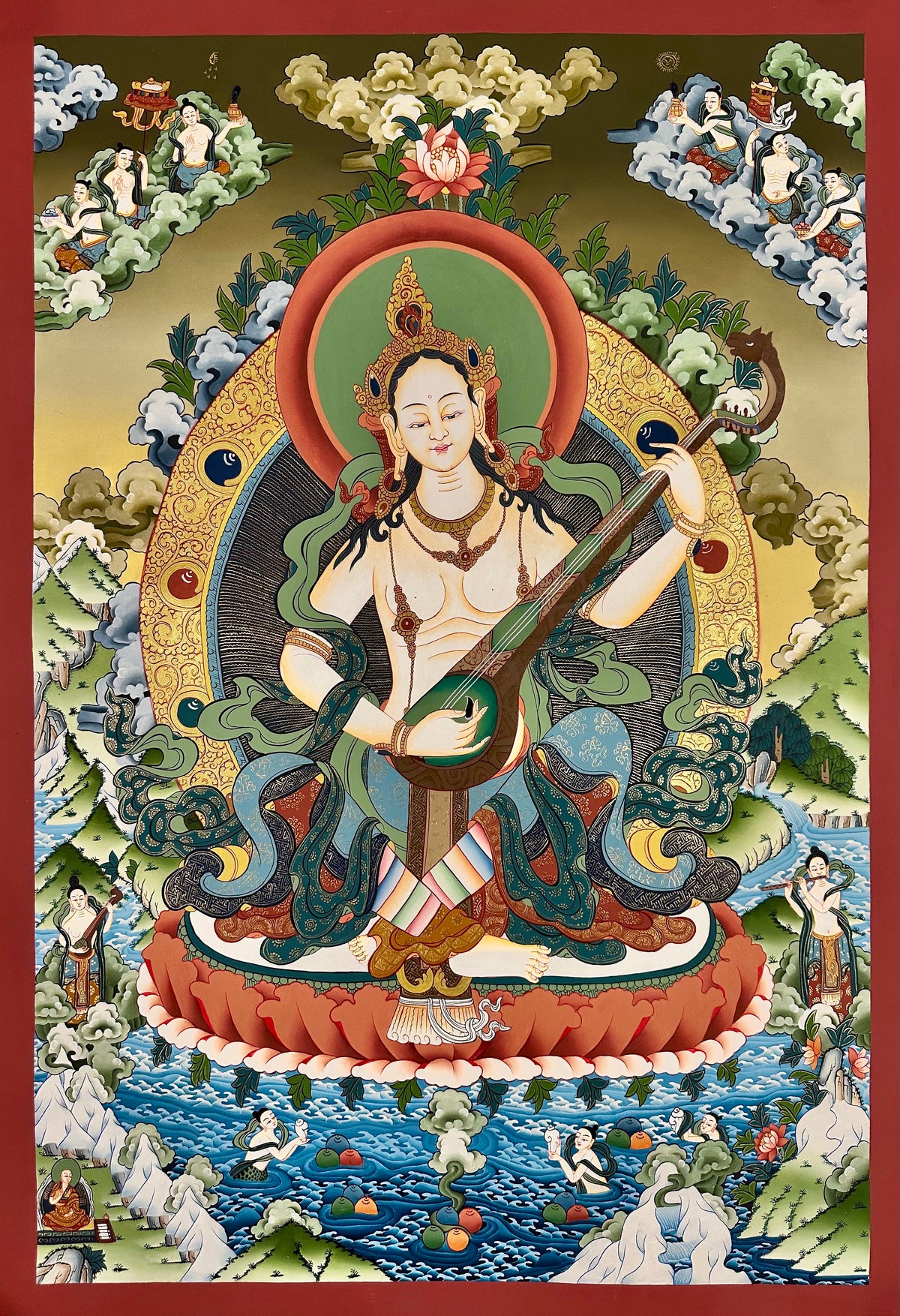 Saraswati thangka, 58×83 cm: Saraswati playing a vina on a lotus, with offering goddesses, musicians and a river landscape