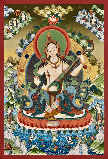 Saraswati thangka, 58×83 cm: Saraswati playing a vina on a lotus, with offering goddesses, musicians and a river landscape