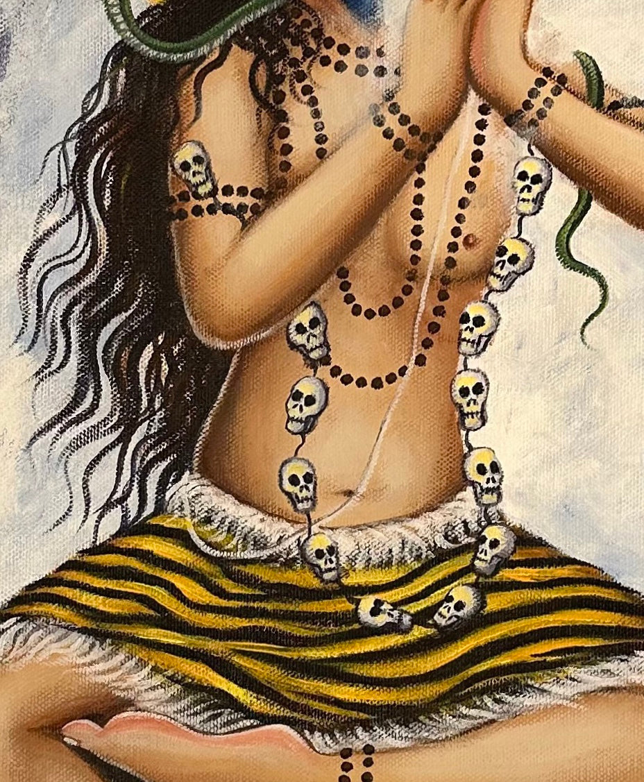 Shiva thangka, 61×72 cm: Shiva seated on a tiger skin with a pipe, trident and drum before snow peaks, in a realist style
