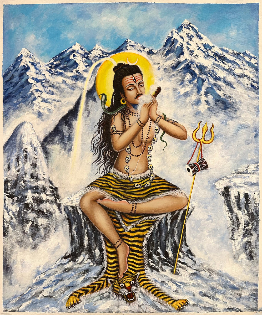 Shiva thangka, 61×72 cm: Shiva seated on a tiger skin with a pipe, trident and drum before snow peaks, in a realist style