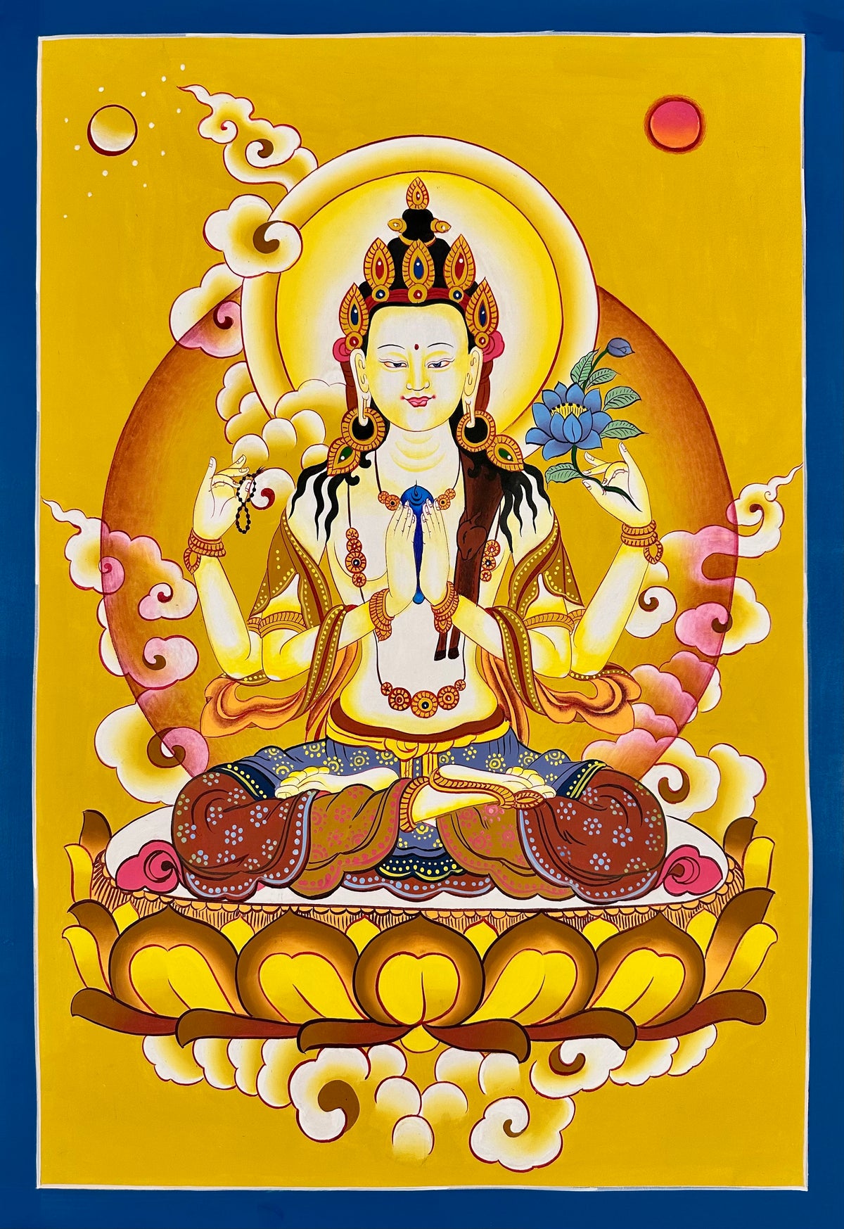 Chenrezig thangka, 58×84 cm: white four-armed Chenrezig on a golden lotus on a plain golden-yellow ground