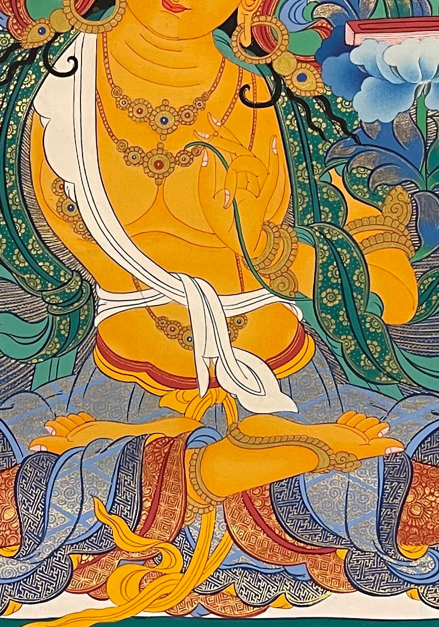 Manjushri thangka, 50×69 cm: Manjushri raising his flaming sword on a vermilion ground, with Chenrezig and a protector below