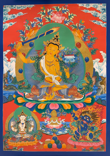 Manjushri thangka, 50×69 cm: Manjushri raising his flaming sword on a vermilion ground, with Chenrezig and a protector below