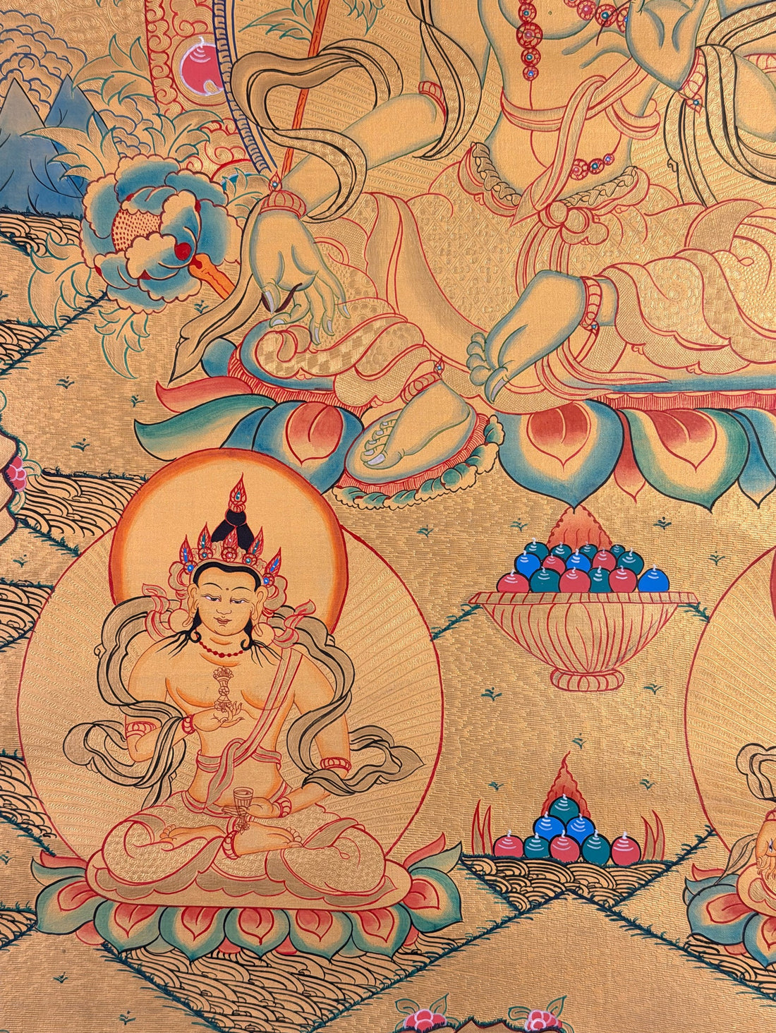 Green Tara thangka, 59×83 cm: Green Tara on a gold-coloured ground, with three Buddhas above and Vajrasattva and White Tara below