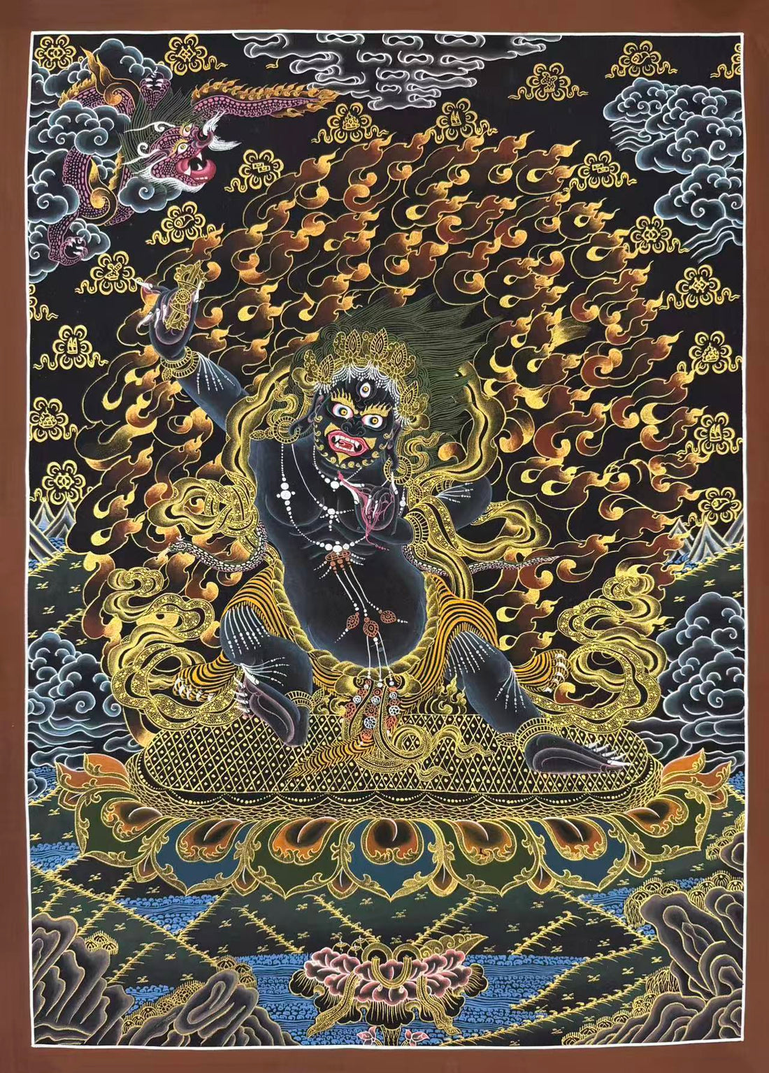 Vajrapani thangka, 60×84 cm: dark wrathful Vajrapani raising a vajra before flames, in gold-coloured line work on black