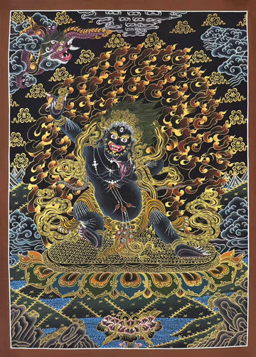 Vajrapani thangka, 60×84 cm: dark wrathful Vajrapani raising a vajra before flames, in gold-coloured line work on black
