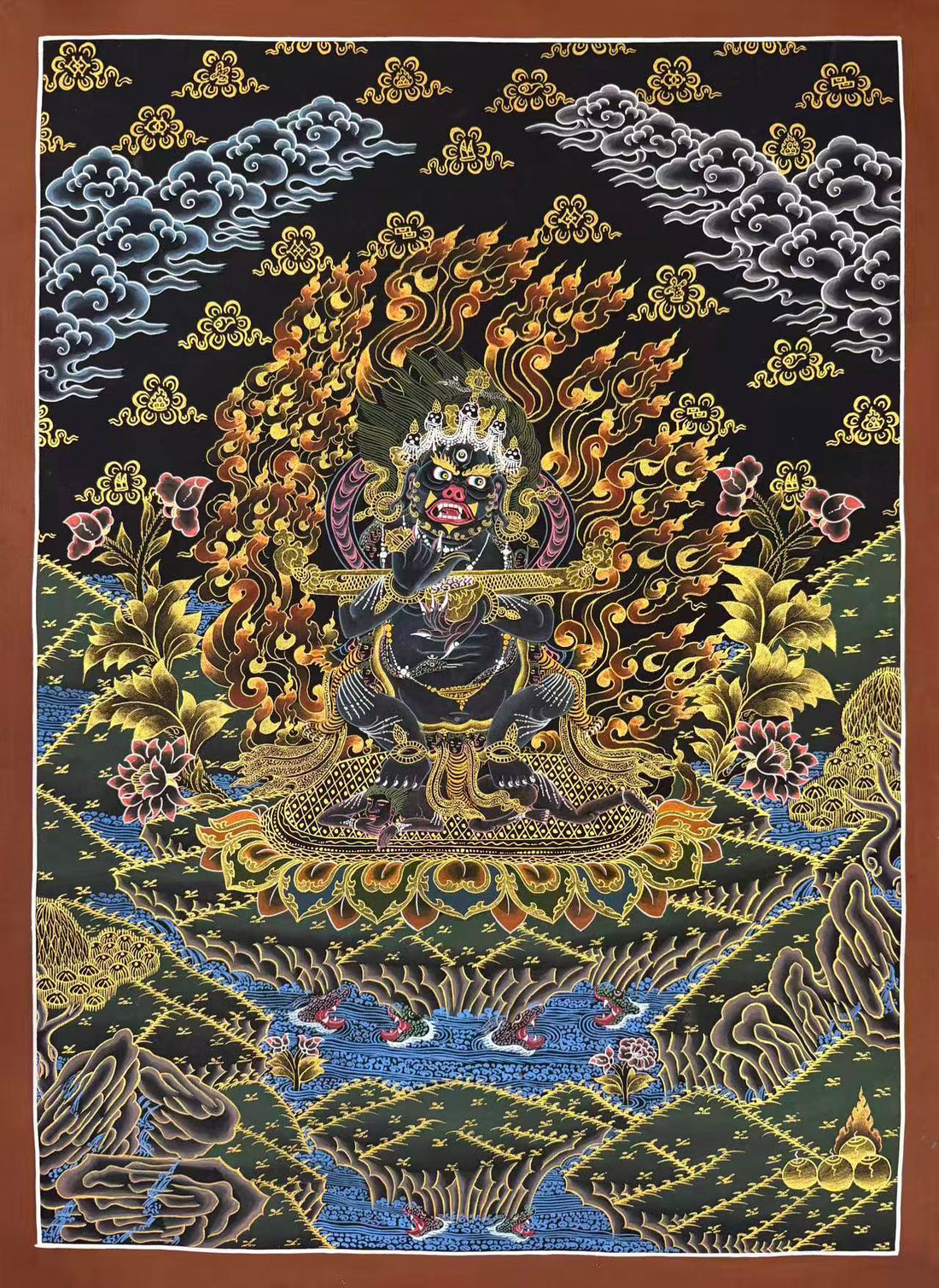 Mahakala thangka, 60×84 cm: two-armed Mahakala with a staff across his arms before flames, in gold-coloured line work on black