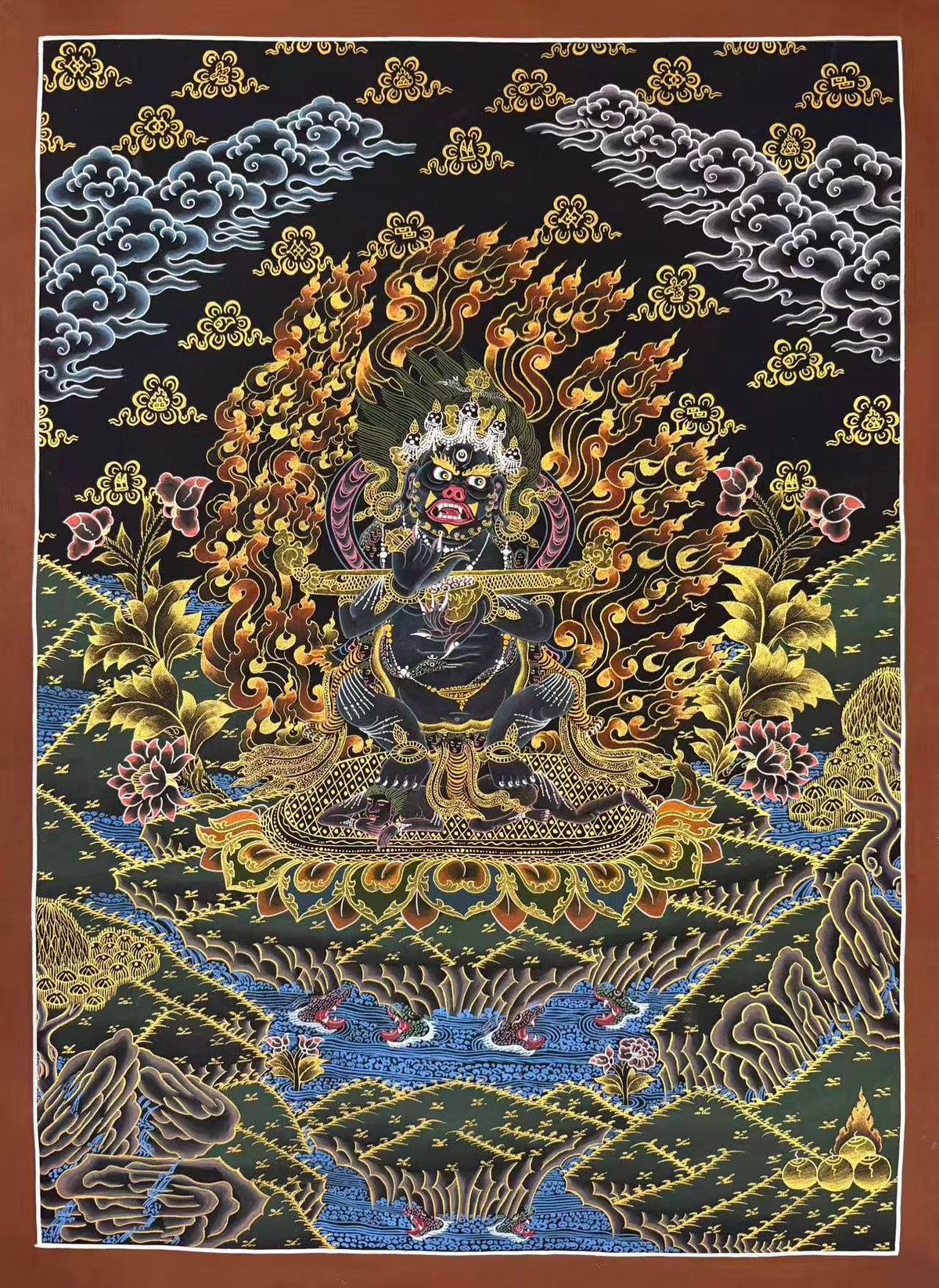 Mahakala thangka, 60×84 cm: two-armed Mahakala with a staff across his arms before flames, in gold-coloured line work on black