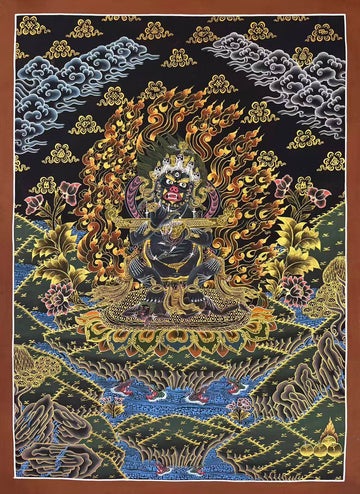 Mahakala thangka, 60×84 cm: two-armed Mahakala with a staff across his arms before flames, in gold-coloured line work on black