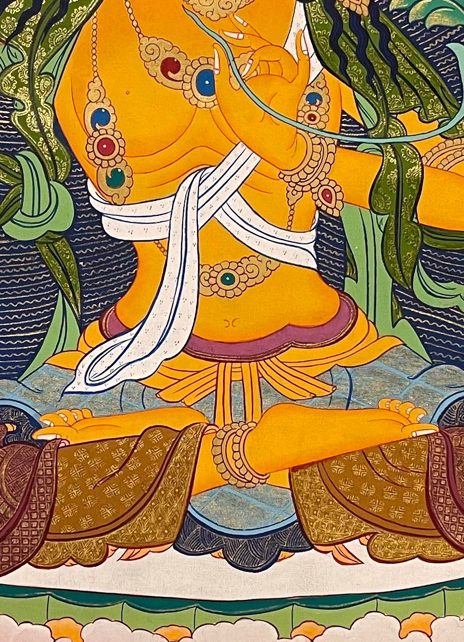 Manjushri thangka, 59×80 cm: Manjushri raising his sword on an ochre ground, with Chenrezig and Vajrapani below