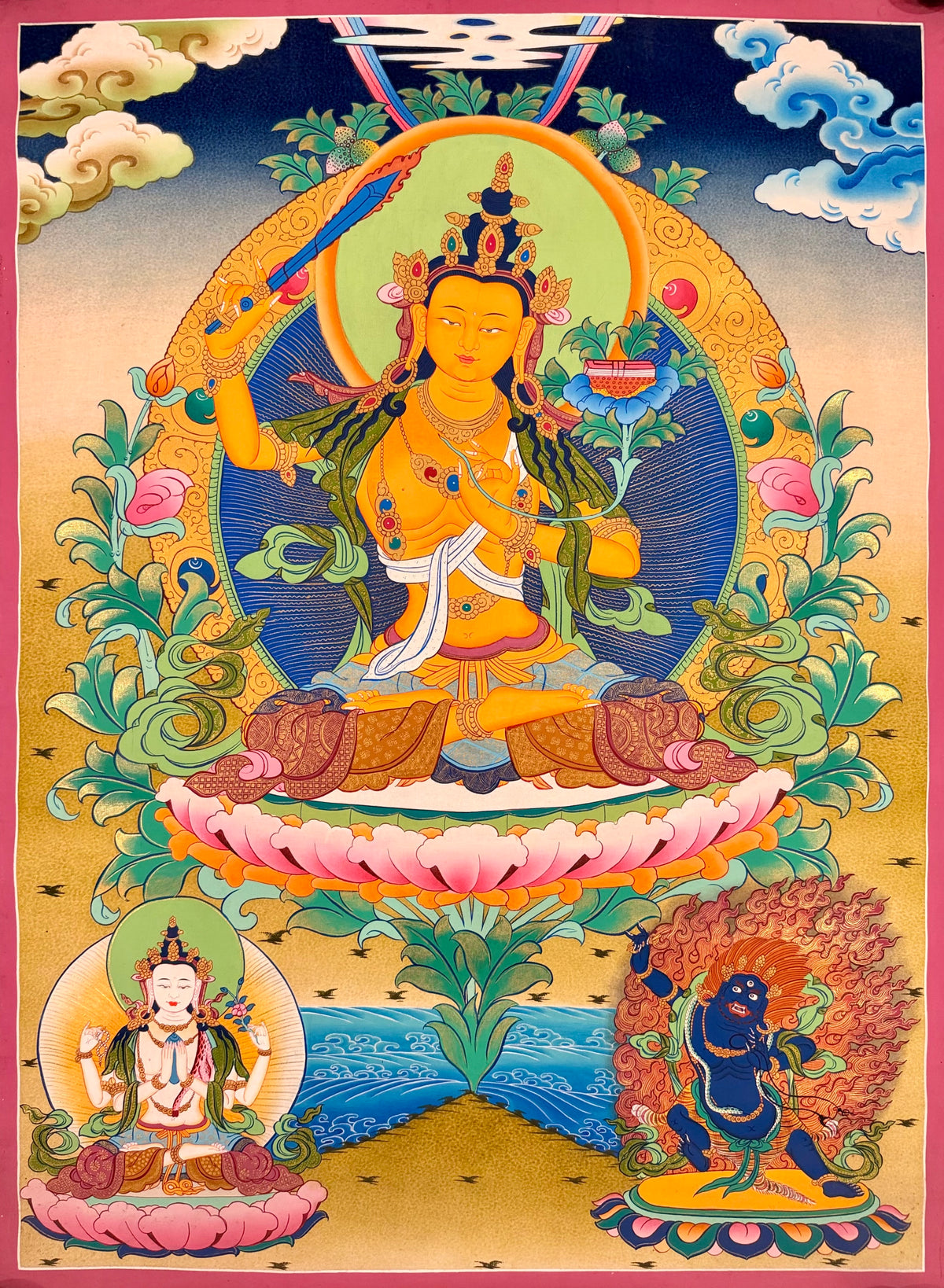 Manjushri thangka, 59×80 cm: Manjushri raising his sword on an ochre ground, with Chenrezig and Vajrapani below