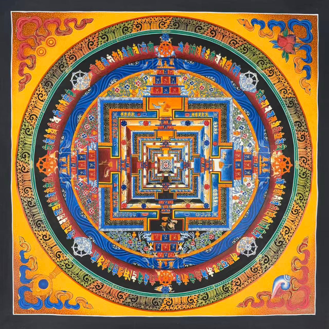 Kalachakra Mandala thangka, 55×55 cm: Kalachakra palace mandala with rings of mantra syllables and dharma wheels on a golden-yellow ground