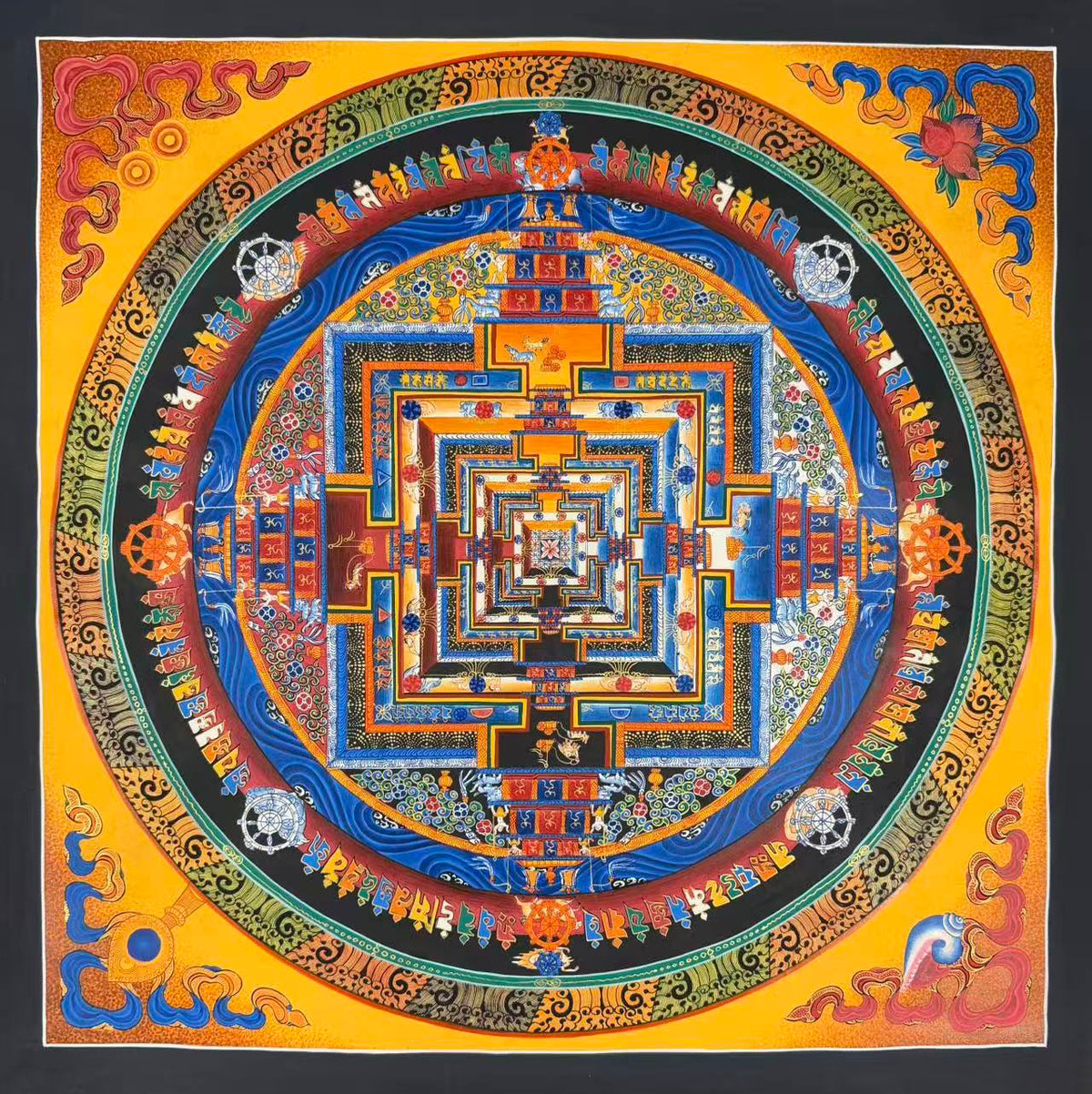 Kalachakra Mandala thangka, 55×55 cm: Kalachakra palace mandala with rings of mantra syllables and dharma wheels on a golden-yellow ground