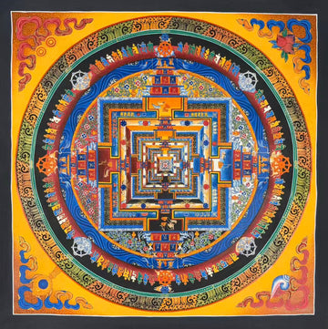 Kalachakra Mandala thangka, 55×55 cm: Kalachakra palace mandala with rings of mantra syllables and dharma wheels on a golden-yellow ground