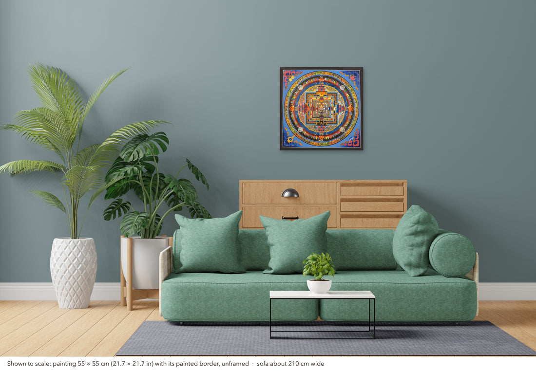 Kalachakra Mandala thangka, 55×55 cm: Kalachakra palace mandala with rings of mantra syllables and dharma wheels on a sky-blue ground