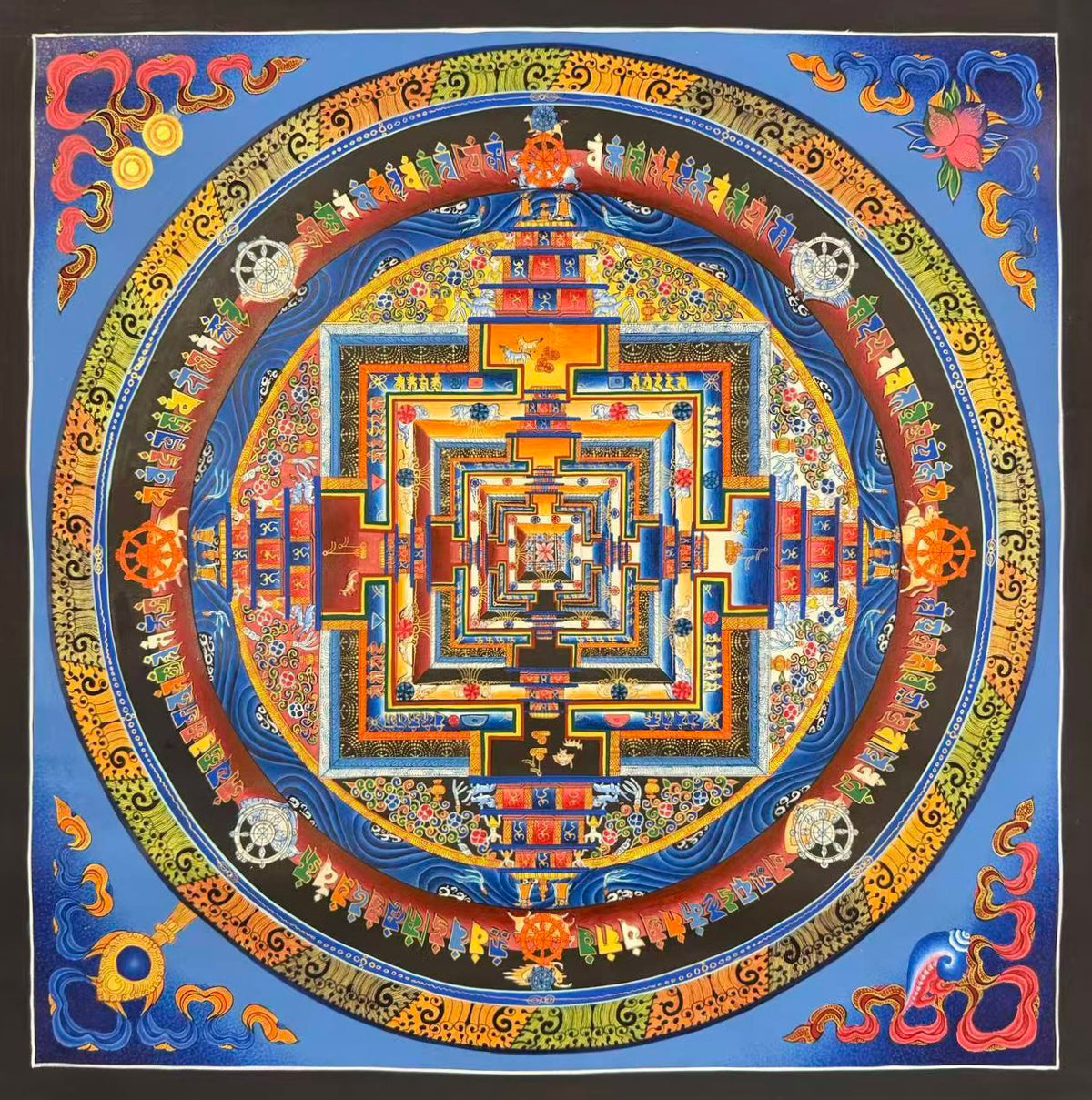 Kalachakra Mandala thangka, 55×55 cm: Kalachakra palace mandala with rings of mantra syllables and dharma wheels on a sky-blue ground